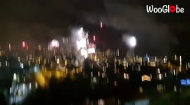 New Years fireworks over beautiful Gandsfjord and Stavanger, Norway