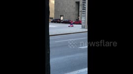 Hilarious moment man dressed as Mario throws bananas out of go kart on Montreal road