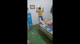 2 dogs punish their owner for standing face-down against the wall for not greeting
