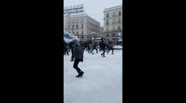 snow fight in puerta del sol madrid center