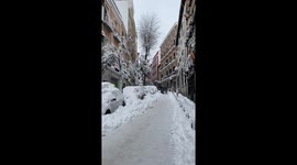 malasaña district with broken trees madrid snow