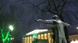 Winter spectacle of street lights changing colours on Moscow's Strastnoy Boulevard covered in snow