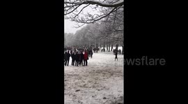 UK: Snowball Fight Amid New Lockdown Rules In Hyde Park, Leeds 2