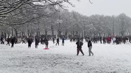 UK: Snowball Fight Amid New Lockdown Rules In Hyde Park, Leeds