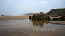 a ship wreck of the SS Belem  on a cornish beach ,