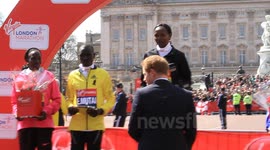 Prince Harry and Richard Branson trophy ceremony London Marathon 2013
