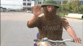 Cycling beekeeper in China's Zhejiang 'wears' thousands of bees