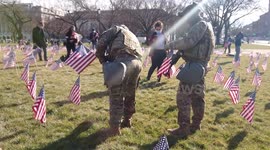 Soldiers pick American flags from the field of flags in DC, Washington
