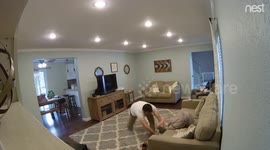 US dad saves his clumsy son from falling off the sofa not once but TWICE