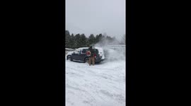 Car snow removal in California includes the ingenious use of leaf blower