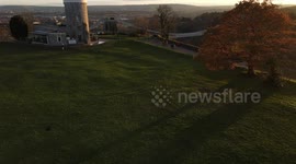 Drone flight at Bristol suspension bridge during a winter sunset