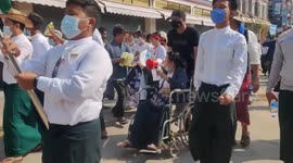 Myanmar: Feb 9 Coup Protests – Teacher In Wheelchair Leads Protest In Taungoo, Bago