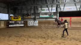 2 year old babygirl trots a big horse by herself for the first time.