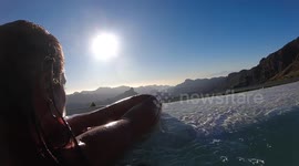 Cute girl cool spa pool at canary mountain. slow motion