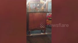 Fast food! Chickens spin on a grill at high speed