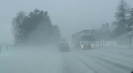 Dash Came Footage Of Traffic In Snow Storm In N. Ireland, Blizzard, Jack-Knifed Lorry
