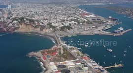 Aerial view of the maritime port, jetty and boats in the sea water in the bay on the stone island in Mazatlan, Sinaloa Mexico. 2021 in Mazatlan, Mexico.