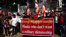 Buddhist monks march during anti-coup protest in Yangon, Myanmar