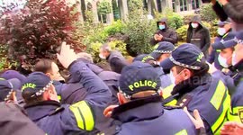 Police detain several more people as demonstrators again try to put up ten,Police detain 8 people during clashes in front of Parliament