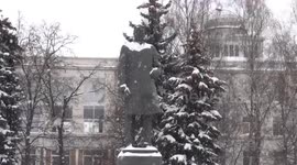 Snow blankets Moscow - Miusskaya Square with Alexander Fadeev Monument