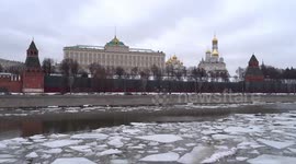 Frozen Moscow river with spectacular view of the Kremlin