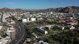 Aerial view of the city passage, Rodriguez Boulevard, Museum and Library of the University of Sonora, Emiliana de Zubeldia Square and UNISON rectory in Hermosillo, Sonora, Mexico.