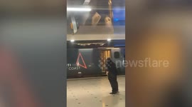 An adventurous cat had a lucky escape after it was spotted holding up a high speed train - by snoozing on the roof