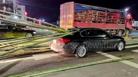 Bamboo sticks impale car through back windscreen after falling off transport truck in China