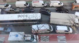 Huge traffic jam after car slammed into an outdoor Starbucks dining area in New York