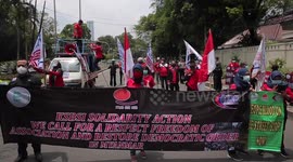 Crowd gather outside Myanmar Embassy in Indonesia in support of anti-coup protesters