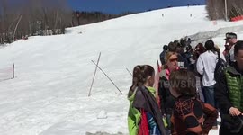 Downhill skiing across the puddle, slo-mo