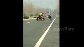 Tractor stuck spinning in circle on China road