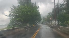 Oahu Flood Jeep drives through big puddle Flash Flood Hawaii Heavy Rain for days