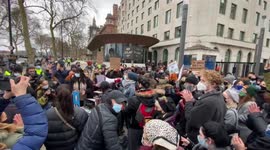 Large crowd gathers outside New Scotland Yard after last night's clashes at Sarah Everard vigil