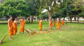 Monks sweeping leaves at a Buddhist temple in Thailand.