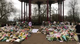 CLAPHAM COMMON, LONDON - 16th March 2021: Flowers surrounding the bandstand in Clapham Common, in remembrance of Sarah Everard