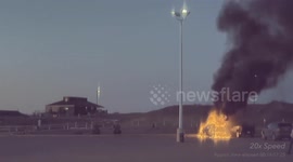 Tesla's security camera captures moment truck becomes engulfed in flames outside Canada restaurant
