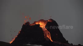 Magma erupting from cone of Geldingadalir volcano Iceland March 2021