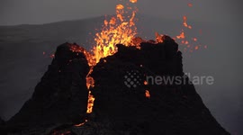 Geldingadalir volcano cone close up spewing magma Iceland March 2021