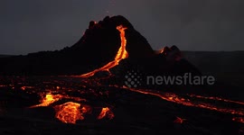 Magma rivers flow from Geldingadalir volcano cone, Iceland March 2021