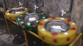 A children's play area in a Vietnamese village has all the games made from recycled materials.