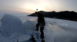 In remote villages of Russia on the shore of Lake Baikal, people extract ice for the preparation of drinking water.