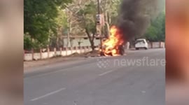 Car catches fire after crashing into electricity pole in central India