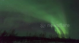 Green Aurora dancing over the side of the road in Finland with trees and power poles