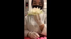 Vietnamese woman sculpting lotus flowers, lilies from carrots and papaya