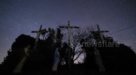 Time Lapse - Starry Night Over Easter Crucifixition Scene At Lady Of Wayside