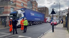 Lorry that was stuck under railway bridge in Camden now seen FREED