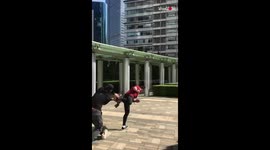 Parkour and freerunning athlete accidentally smashes camera whilst doing stunt