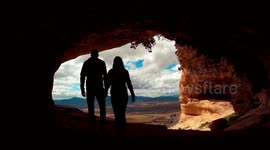 Rear view of a couple walking inside a cave against beautiful landscape and cloudy sky.