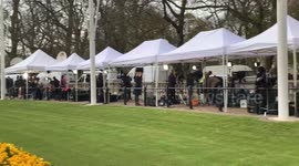 Press gather outside Buckingham Palace to cover the death of Prince Philip